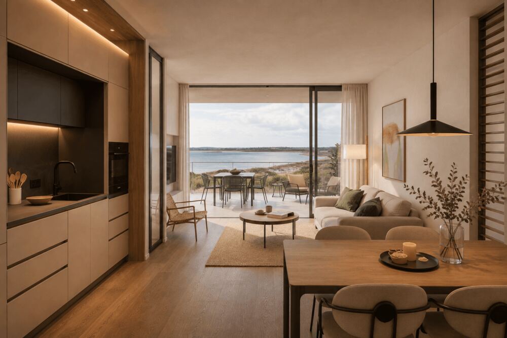 Salón y cocina de un apartamento con terraza al mar