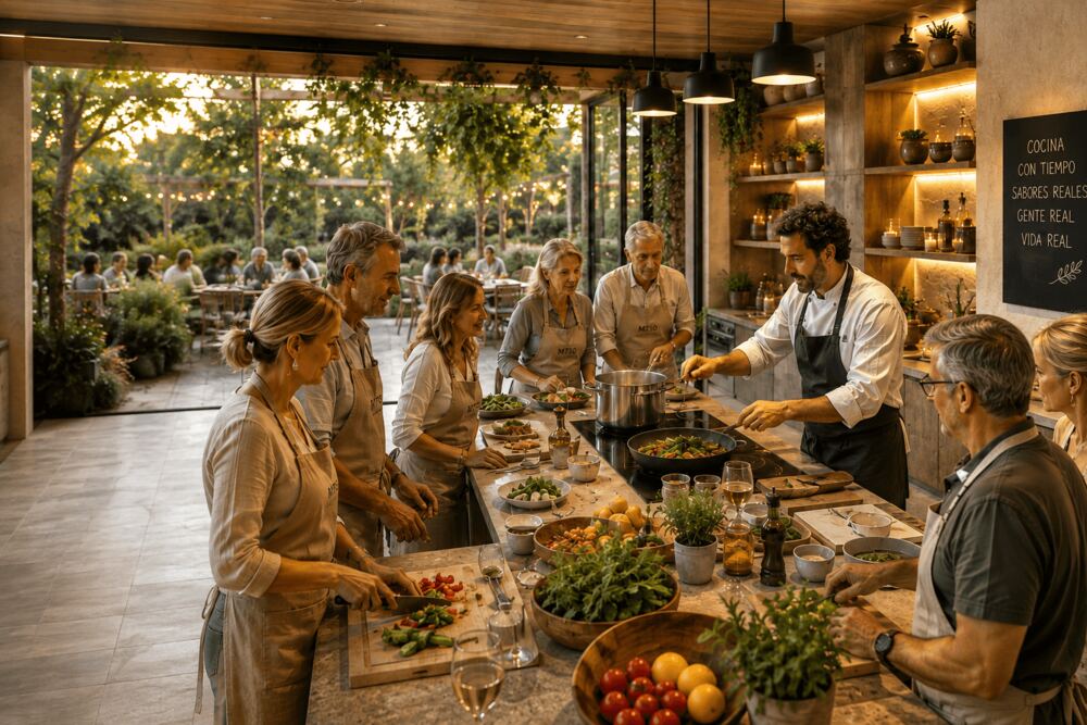Vecinos cocinando juntos en la cocina común